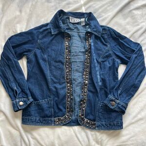 Vintage Y2K boho blue denim lightweight jacket with beaded & chain details large